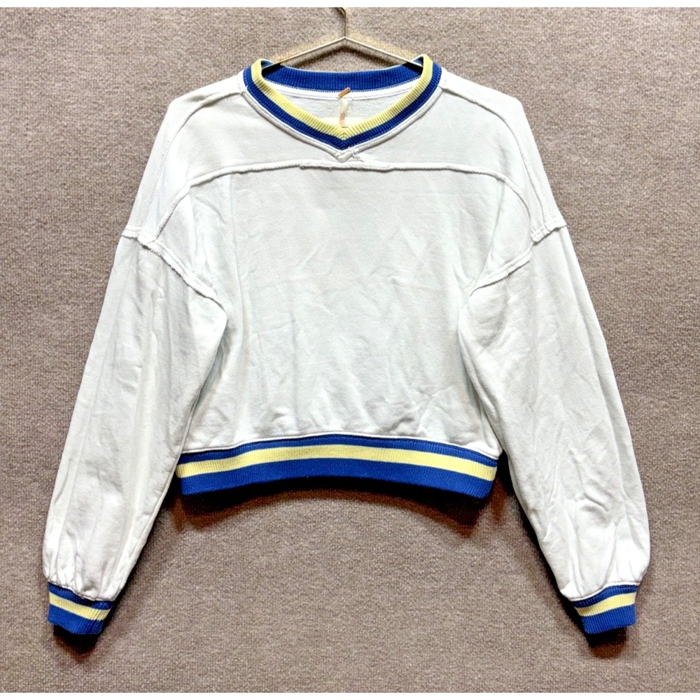 Free People Rio V-Neck Cropped Sweatshirt Bone White Women's Size Large Varsity